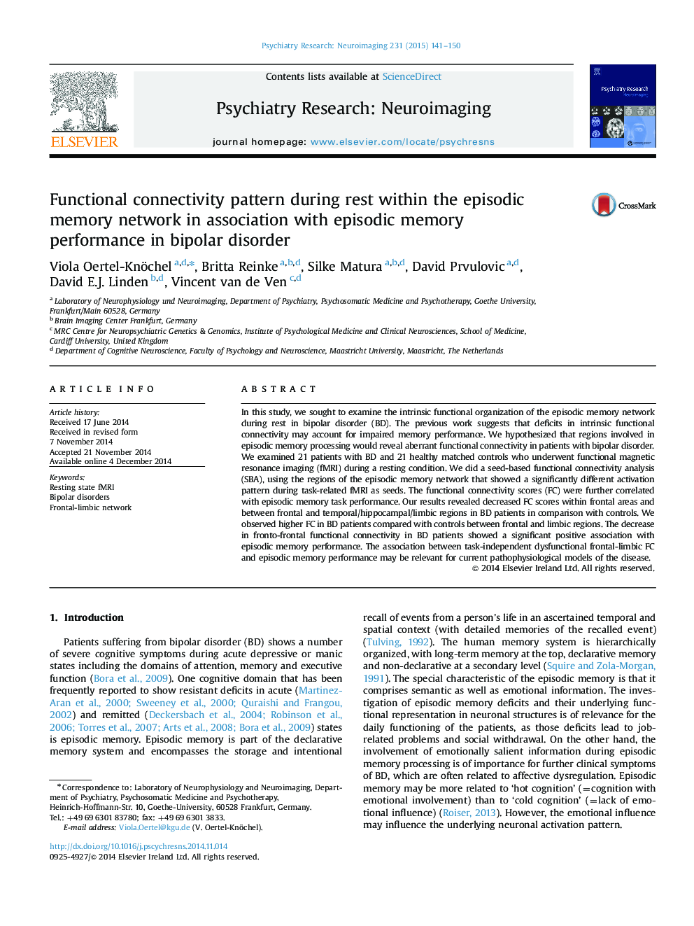 Functional connectivity pattern during rest within the episodic memory network in association with episodic memory performance in bipolar disorder