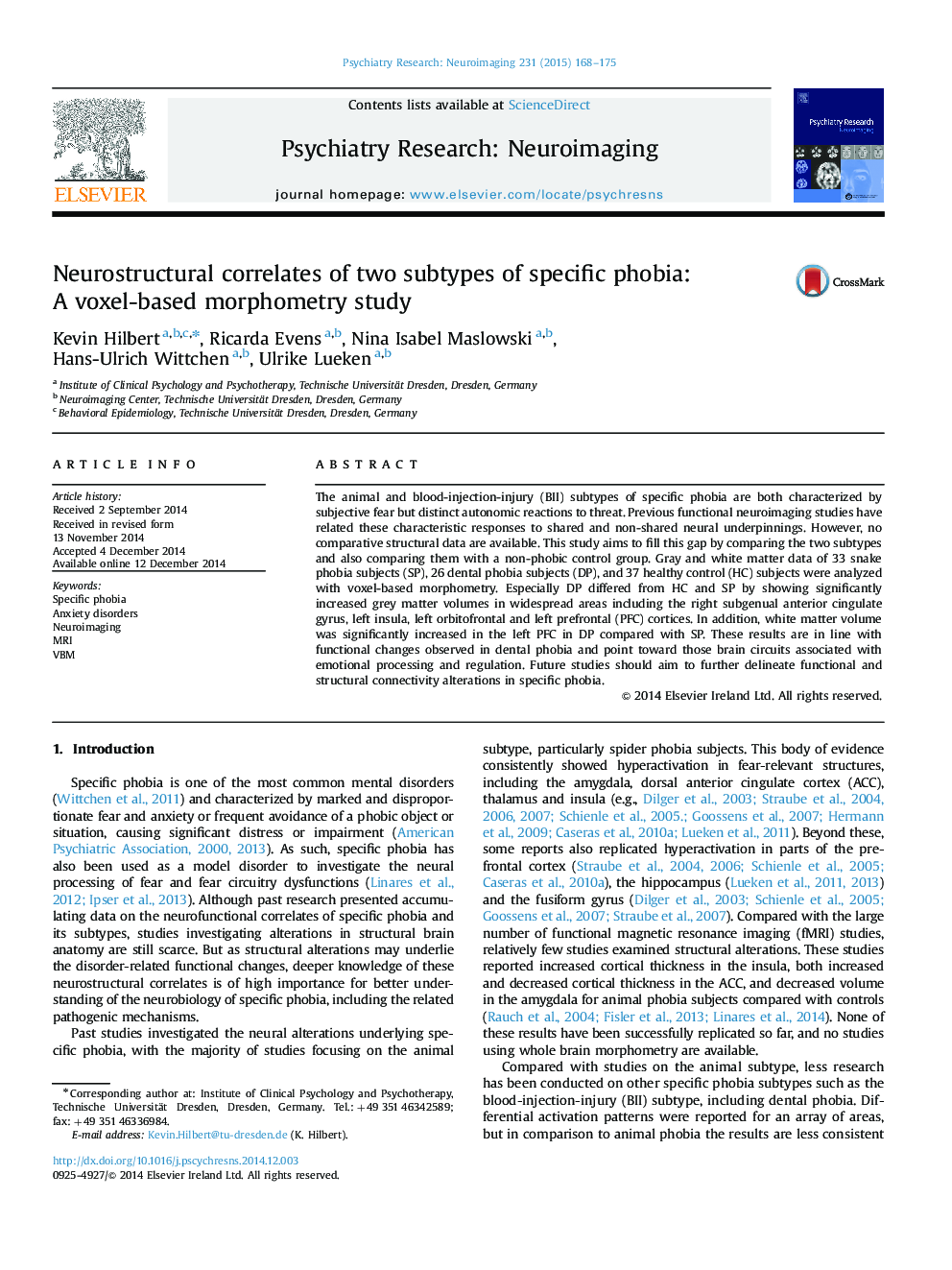 Neurostructural correlates of two subtypes of specific phobia: A voxel-based morphometry study