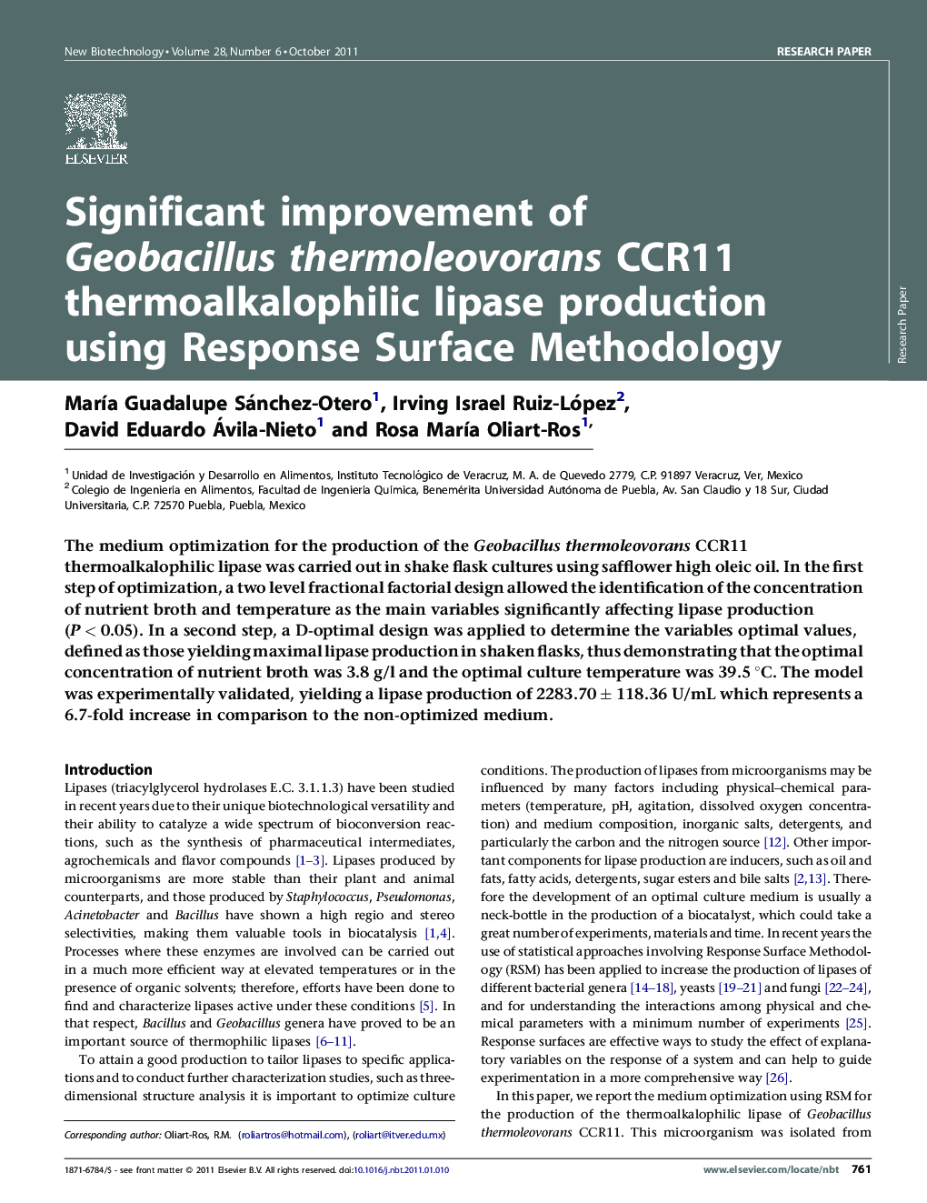عکس صفحه اول مقاله: Significant improvement of Geobacillus thermoleovorans CCR11 thermoalkalophilic lipase production using Response Surface Methodology Significant improvement of Geobacillus thermoleovorans CCR11 thermoalkalophilic lipase production using Response Surface Methodology