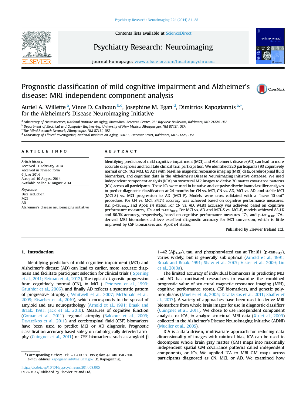 Prognostic classification of mild cognitive impairment and Alzheimer׳s disease: MRI independent component analysis