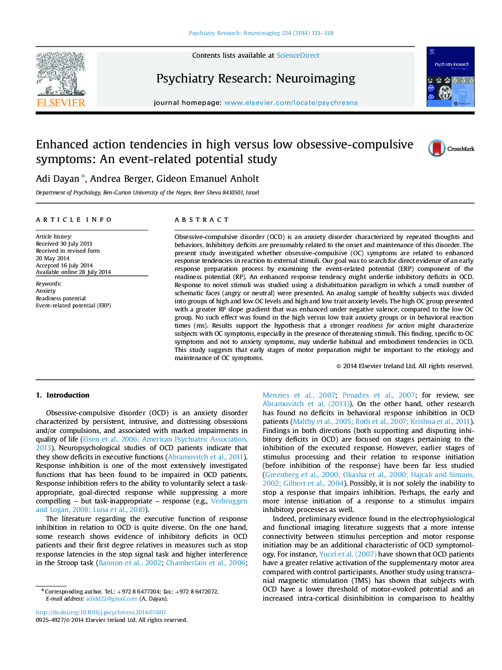 Enhanced action tendencies in high versus low obsessive-compulsive symptoms: An event-related potential study