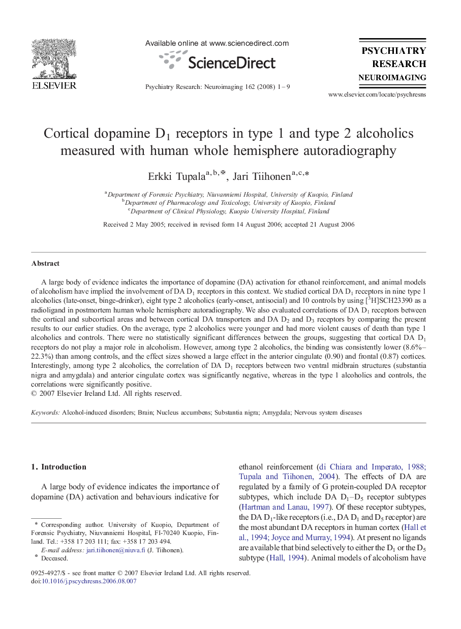 Cortical dopamine D1 receptors in type 1 and type 2 alcoholics measured with human whole hemisphere autoradiography