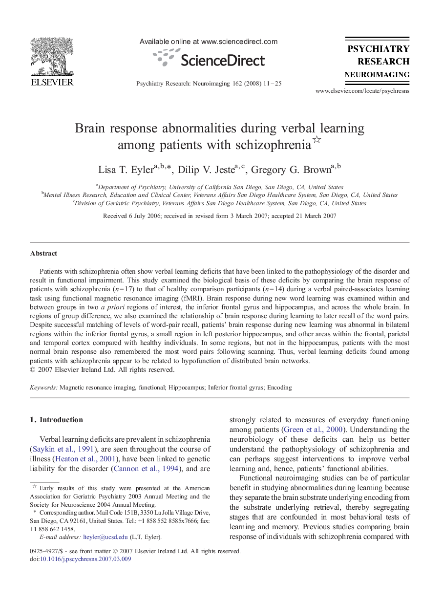 Brain response abnormalities during verbal learning among patients with schizophrenia 