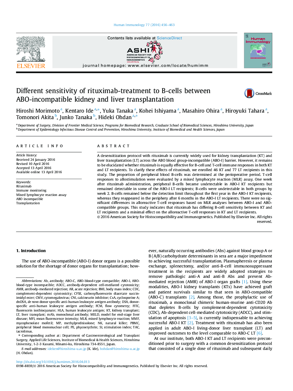 Different sensitivity of rituximab-treatment to B-cells between ABO-incompatible kidney and liver transplantation