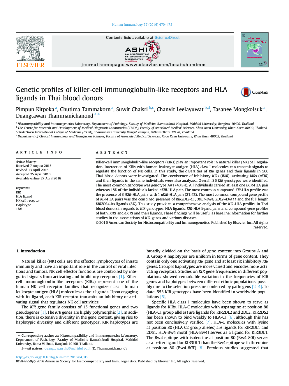 Genetic profiles of killer-cell immunoglobulin-like receptors and HLA ligands in Thai blood donors