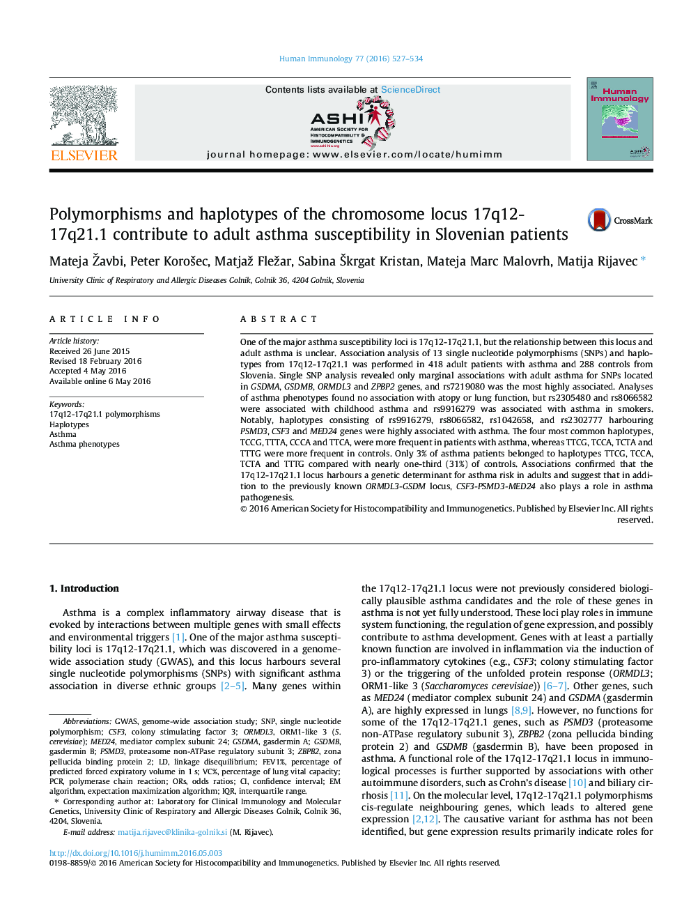 Polymorphisms and haplotypes of the chromosome locus 17q12-17q21.1 contribute to adult asthma susceptibility in Slovenian patients