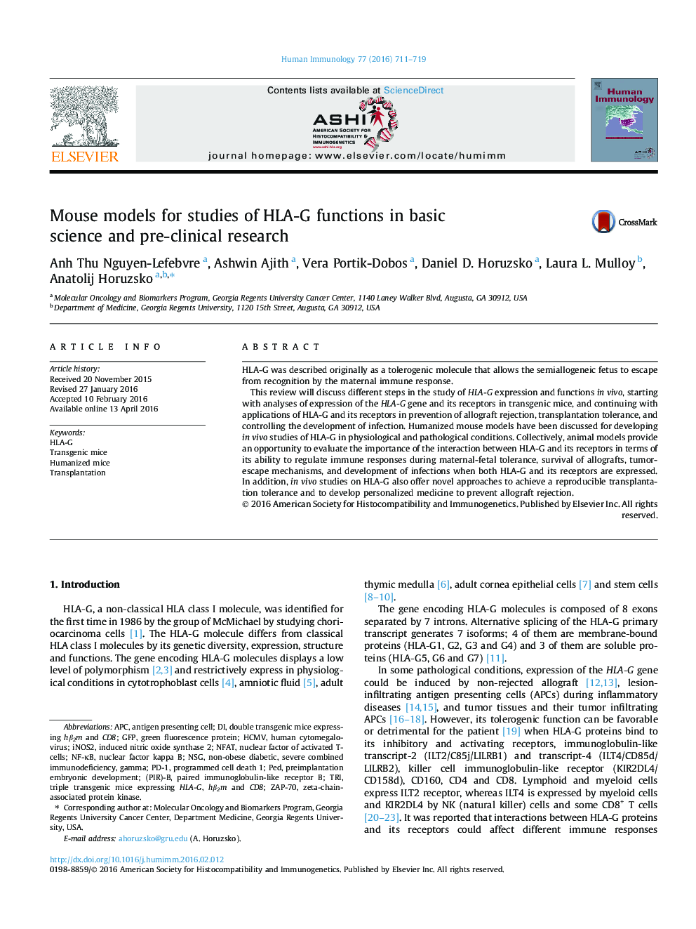 Mouse models for studies of HLA-G functions in basic science and pre-clinical research