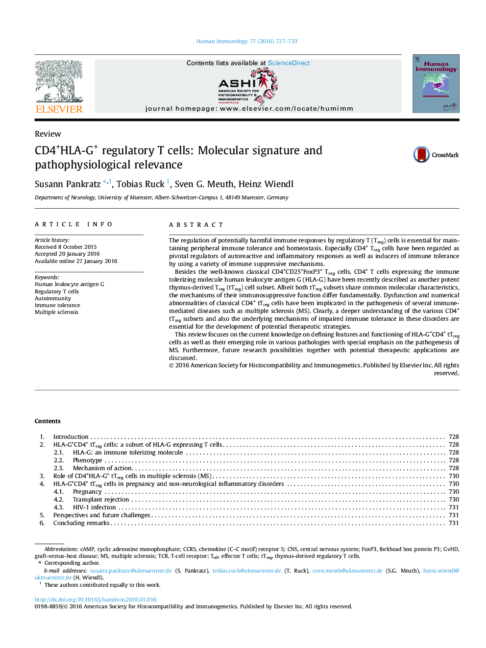 CD4+HLA-G+ regulatory T cells: Molecular signature and pathophysiological relevance