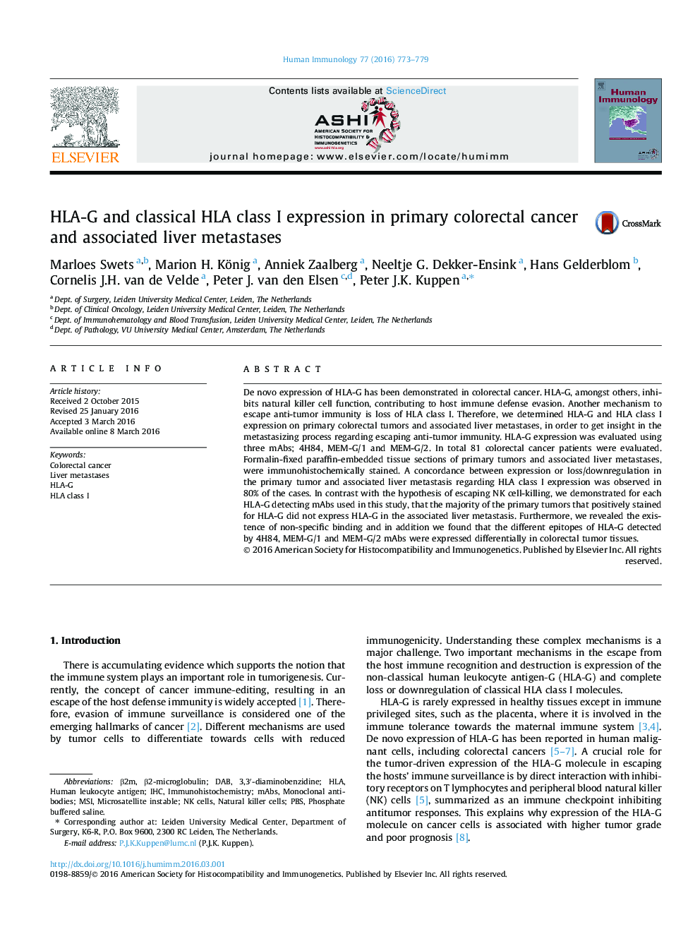 HLA-G and classical HLA class I expression in primary colorectal cancer and associated liver metastases