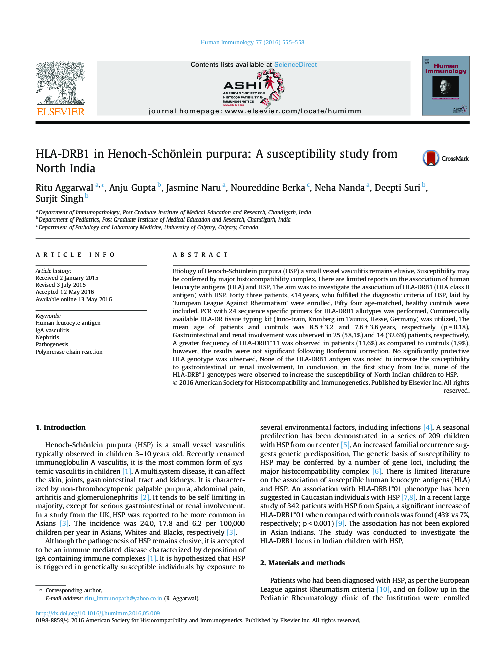 HLA-DRB1 در Henoch-Schönlein purpura: مطالعه حساسیت پذیری از شمال هند