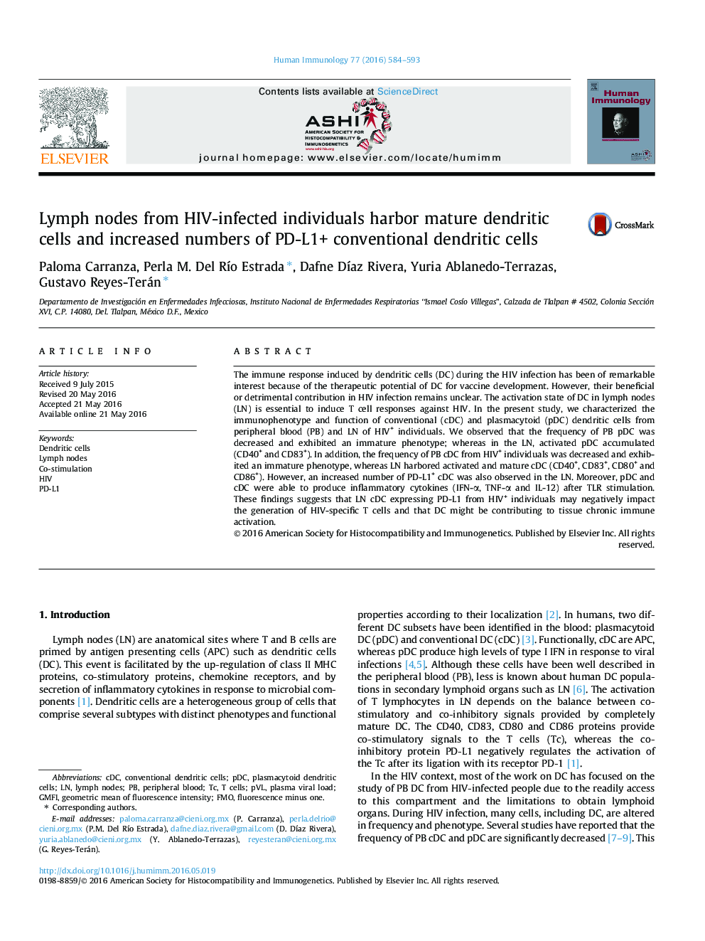 Lymph nodes from HIV-infected individuals harbor mature dendritic cells and increased numbers of PD-L1+ conventional dendritic cells