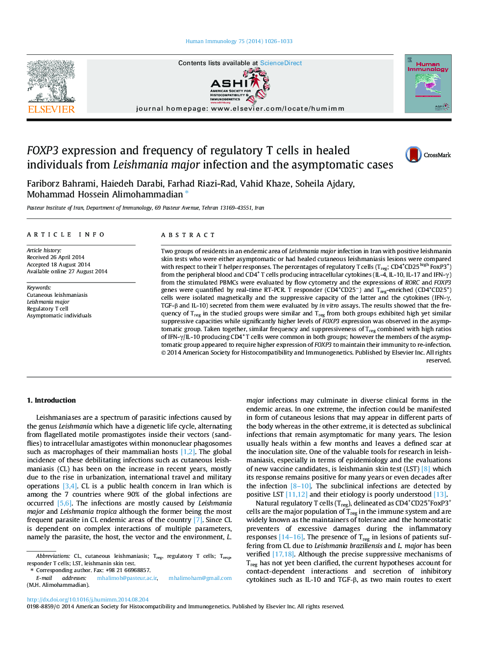 FOXP3 expression and frequency of regulatory T cells in healed individuals from Leishmania major infection and the asymptomatic cases