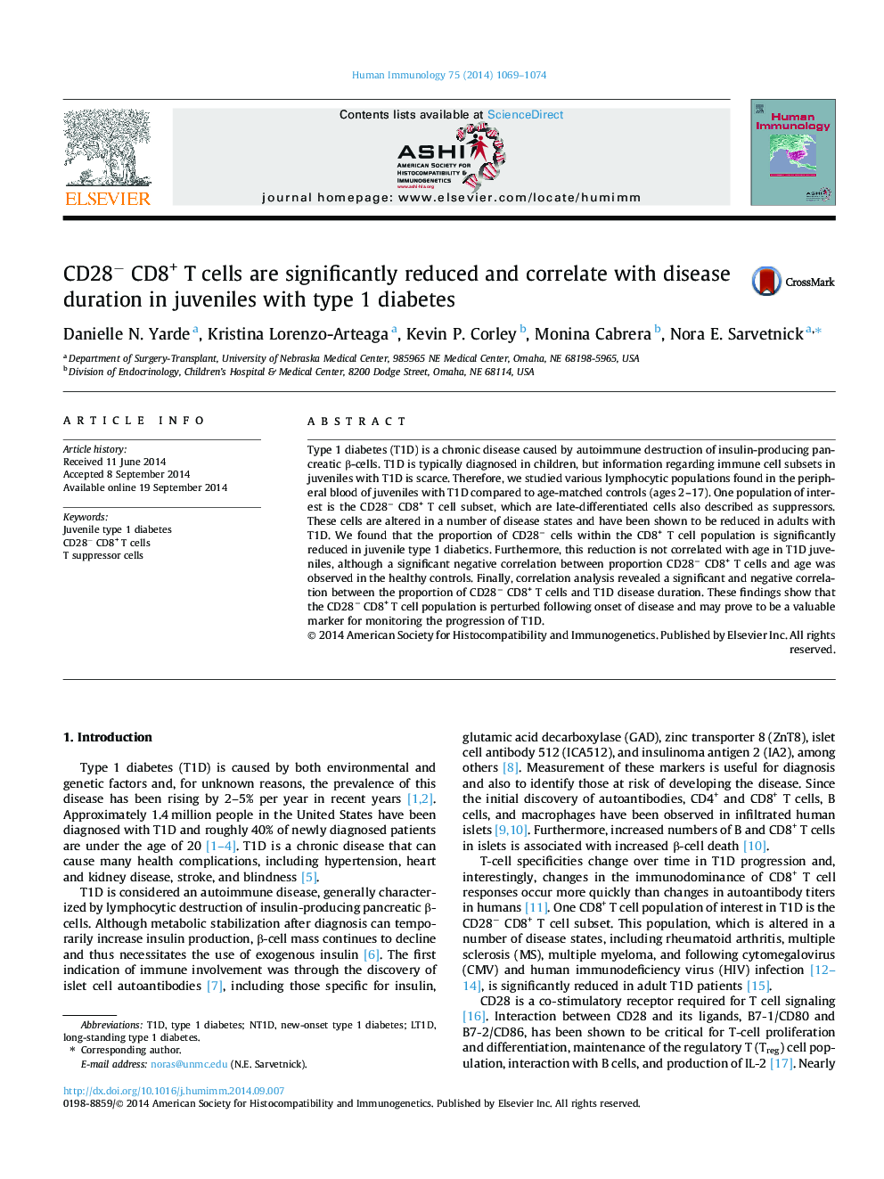 CD28− CD8+ T cells are significantly reduced and correlate with disease duration in juveniles with type 1 diabetes