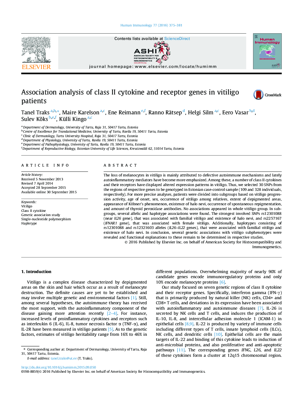 Association analysis of class II cytokine and receptor genes in vitiligo patients