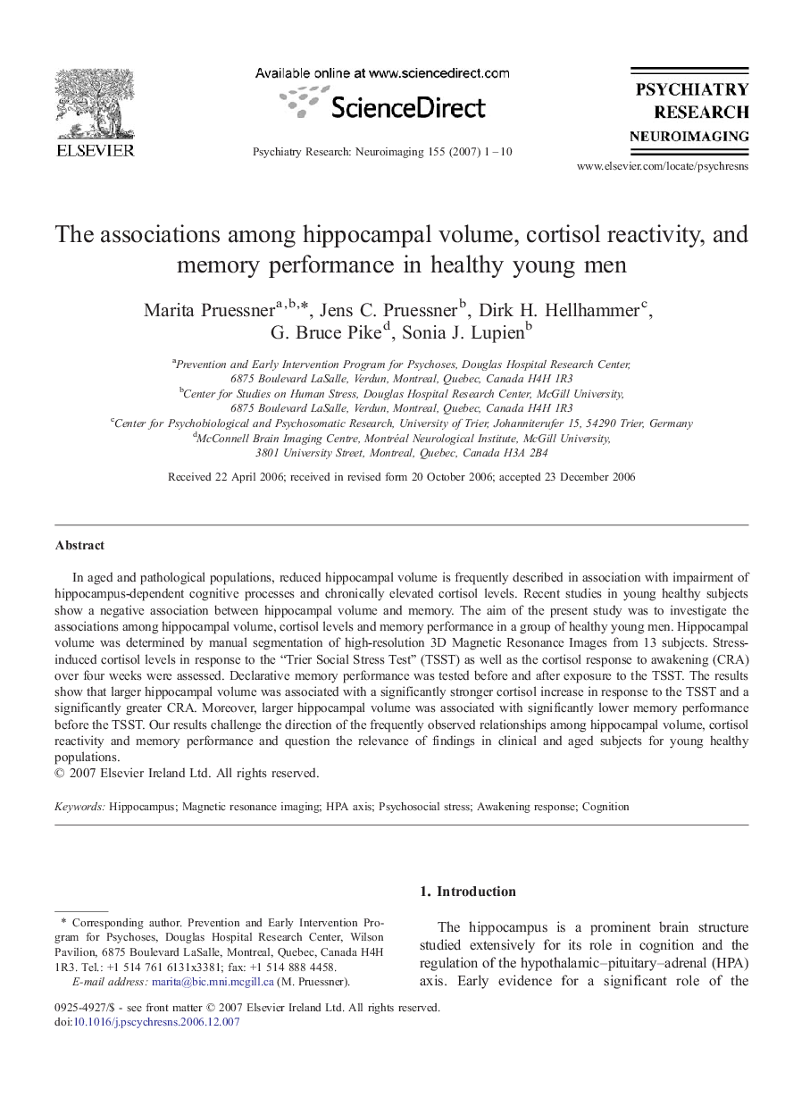 عکس صفحه اول مقاله: The associations among hippocampal volume, cortisol reactivity, and memory performance in healthy young men The associations among hippocampal volume, cortisol reactivity, and memory performance in healthy young men