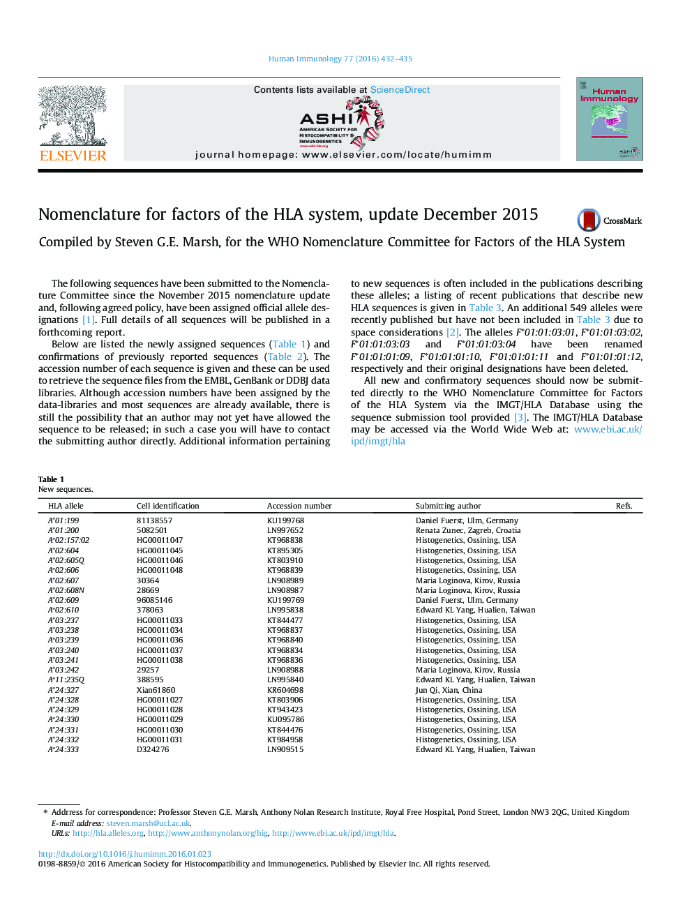 Nomenclature for factors of the HLA system, update December 2015