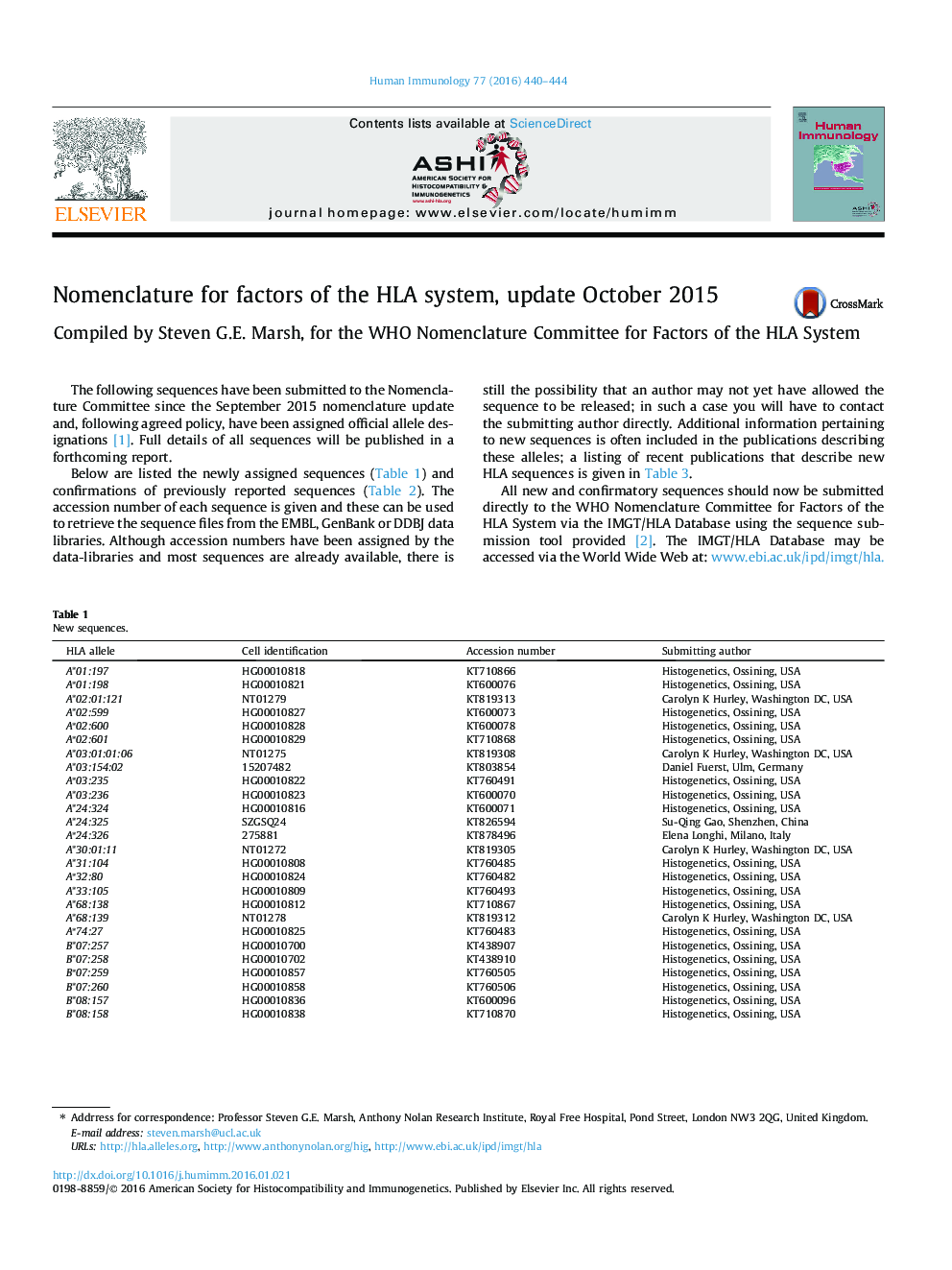 عکس صفحه اول مقاله: Nomenclature for factors of the HLA system, update October 2015 Nomenclature for factors of the HLA system, update October 2015