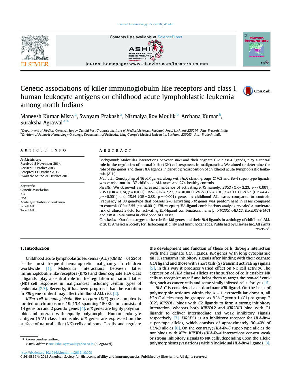 Genetic associations of killer immunoglobulin like receptors and class I human leukocyte antigens on childhood acute lymphoblastic leukemia among north Indians