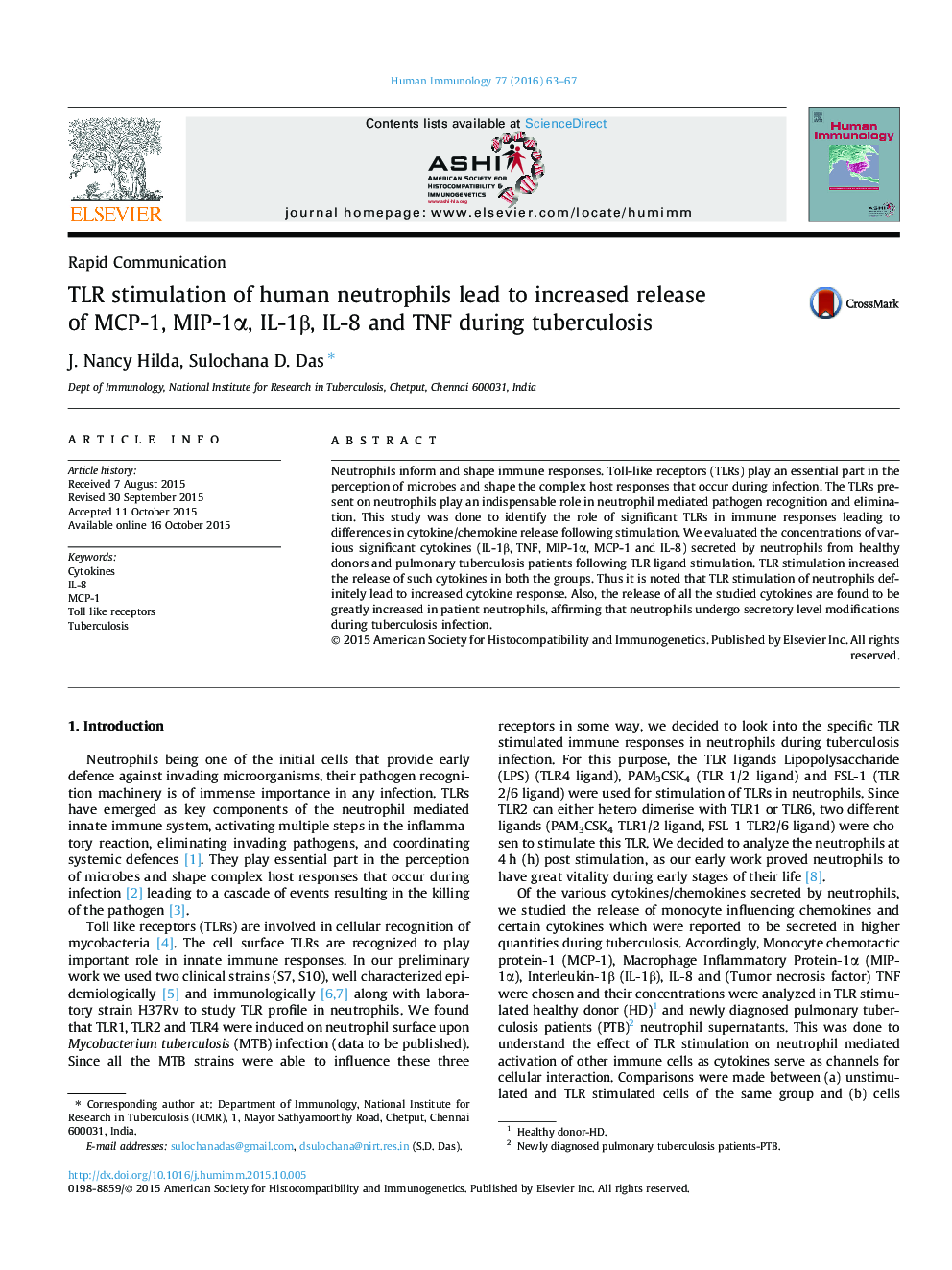 TLR stimulation of human neutrophils lead to increased release of MCP-1, MIP-1α, IL-1β, IL-8 and TNF during tuberculosis