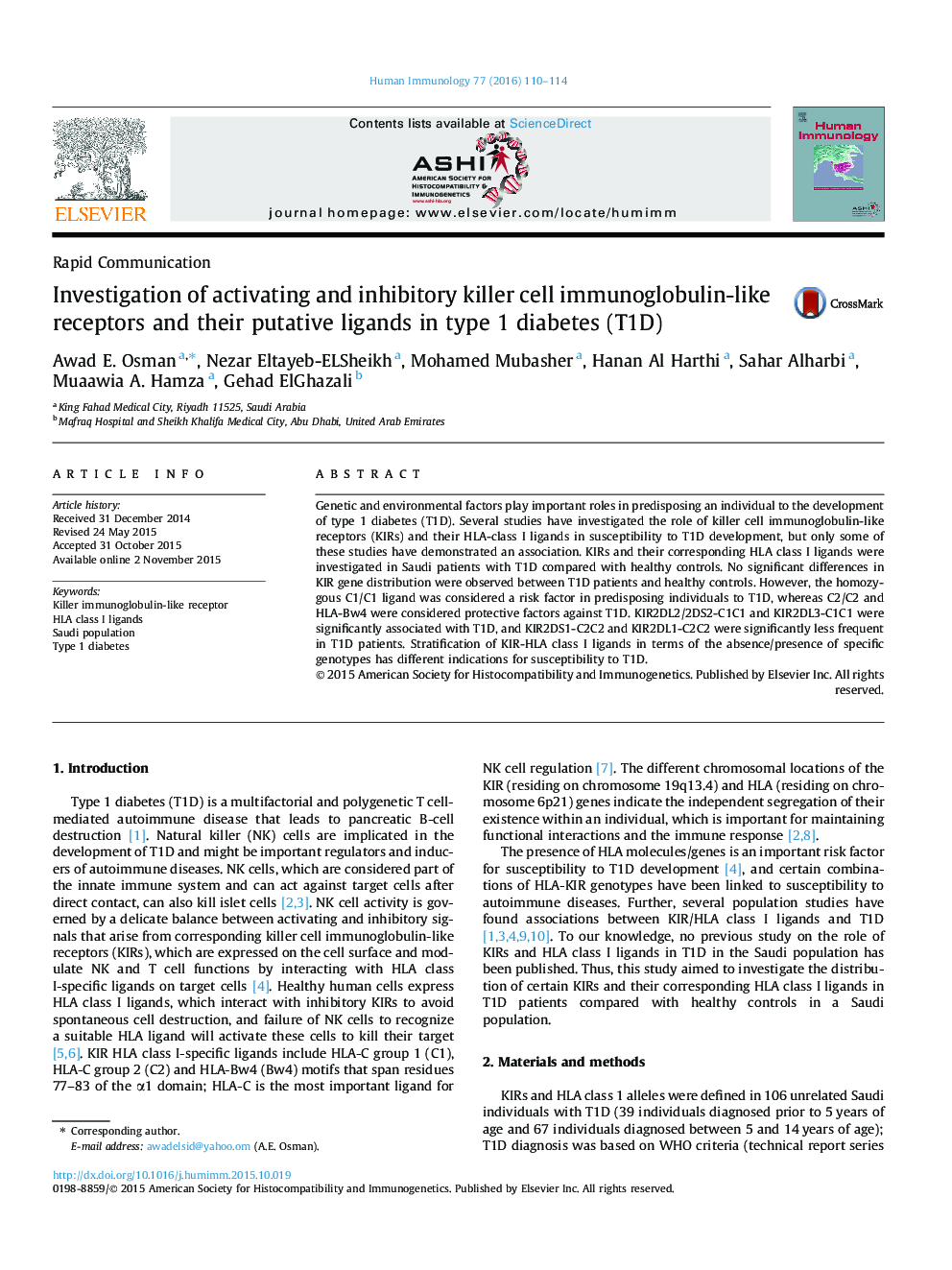 Investigation of activating and inhibitory killer cell immunoglobulin-like receptors and their putative ligands in type 1 diabetes (T1D)