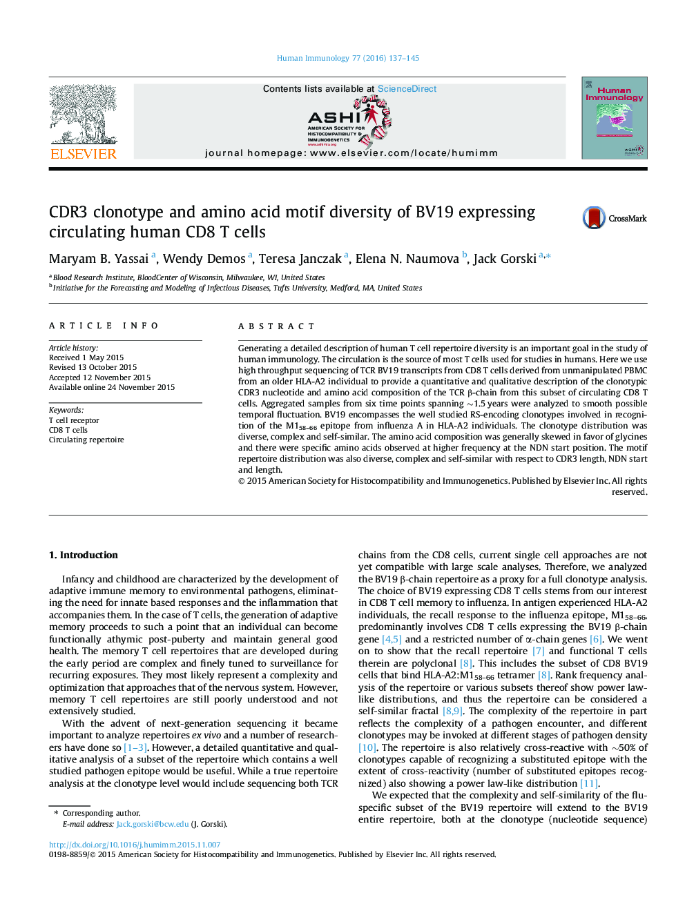 CDR3 clonotype and amino acid motif diversity of BV19 expressing circulating human CD8 T cells