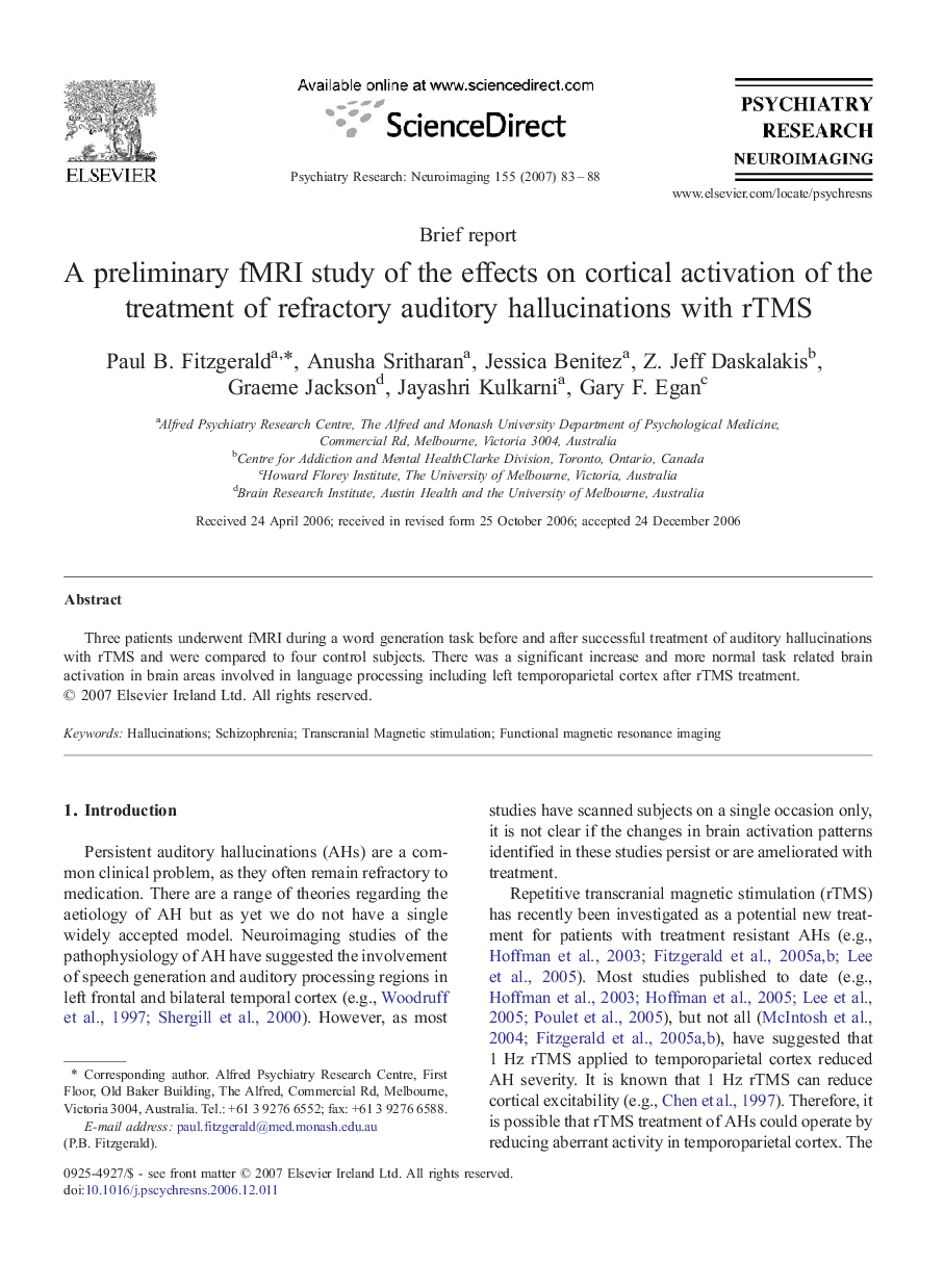 A preliminary fMRI study of the effects on cortical activation of the treatment of refractory auditory hallucinations with rTMS