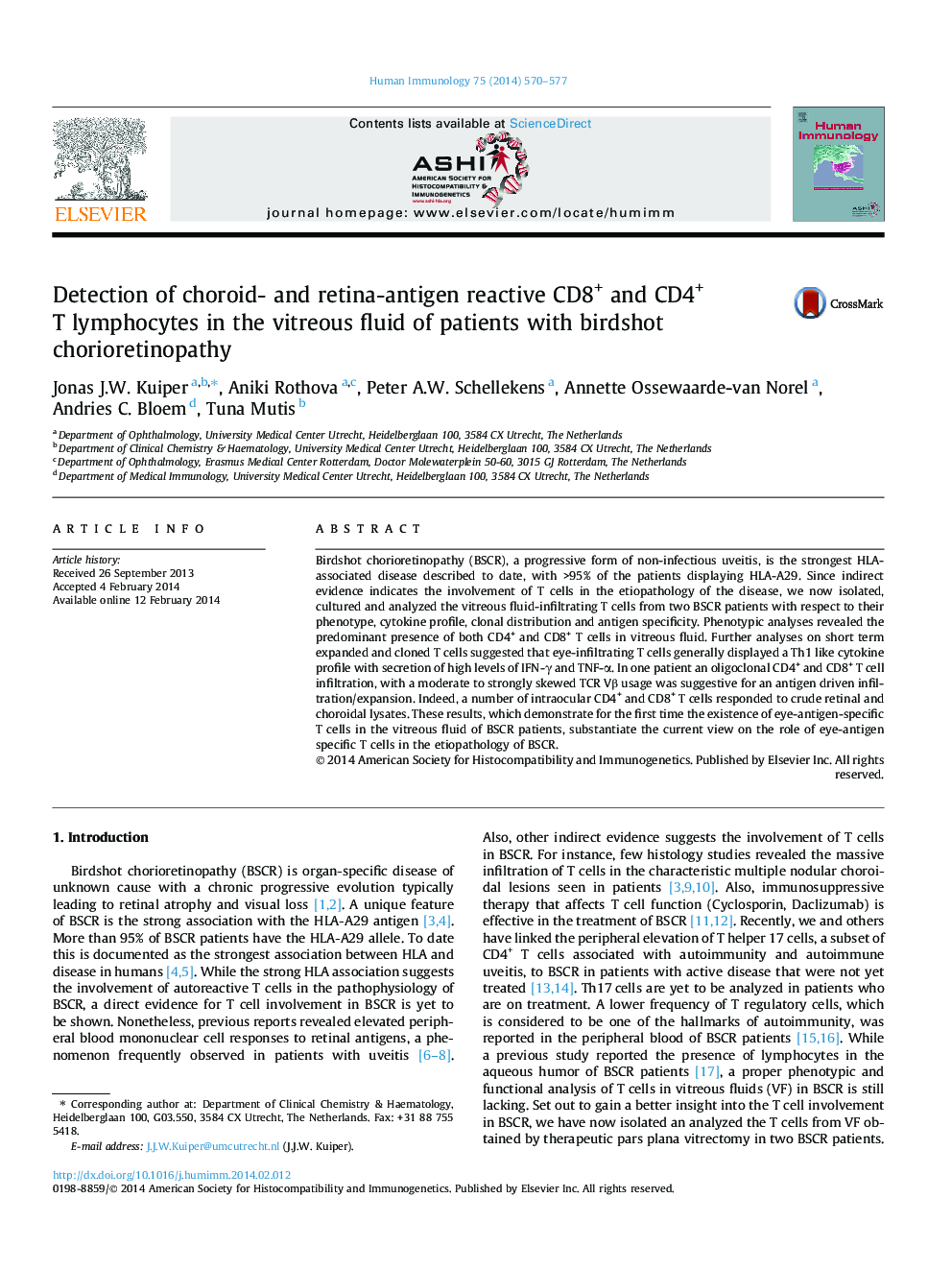 عکس صفحه اول مقاله: Detection of choroid- and retina-antigen reactive CD8+ and CD4+ T lymphocytes in the vitreous fluid of patients with birdshot chorioretinopathy Detection of choroid- and retina-antigen reactive CD8+ and CD4+ T lymphocytes in the vitreous fluid of patients with birdshot chorioretinopathy