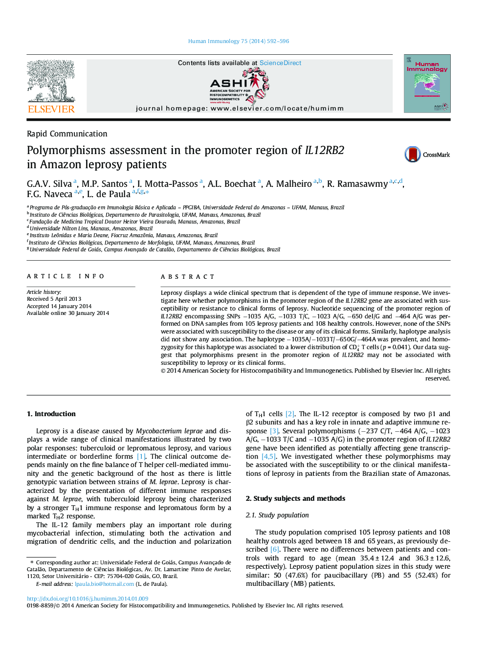 عکس صفحه اول مقاله: Polymorphisms assessment in the promoter region of IL12RB2 in Amazon leprosy patients Polymorphisms assessment in the promoter region of IL12RB2 in Amazon leprosy patients