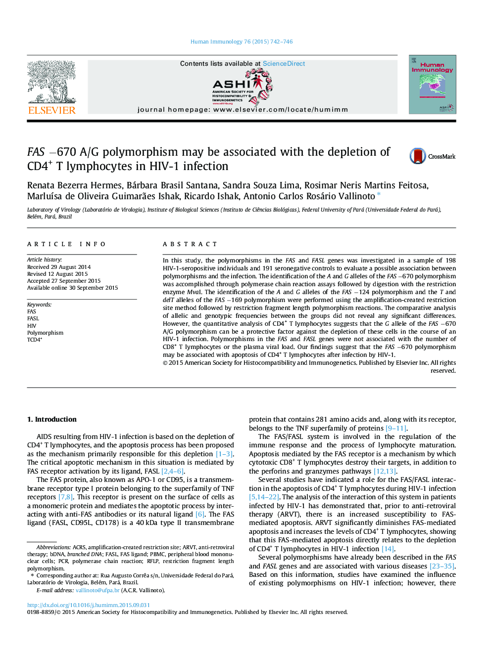 FAS −670 A/G polymorphism may be associated with the depletion of CD4+ T lymphocytes in HIV-1 infection