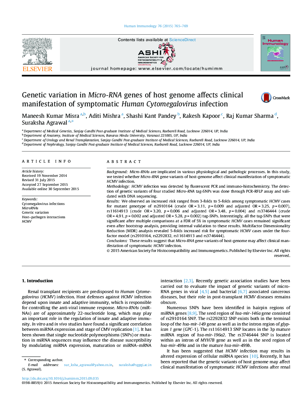 Genetic variation in Micro-RNA genes of host genome affects clinical manifestation of symptomatic Human Cytomegalovirus infection