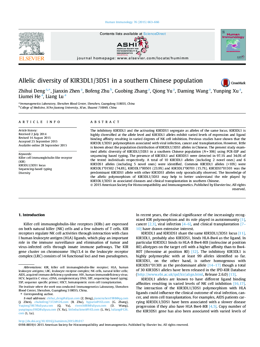 Allelic diversity of KIR3DL1/3DS1 in a southern Chinese population 