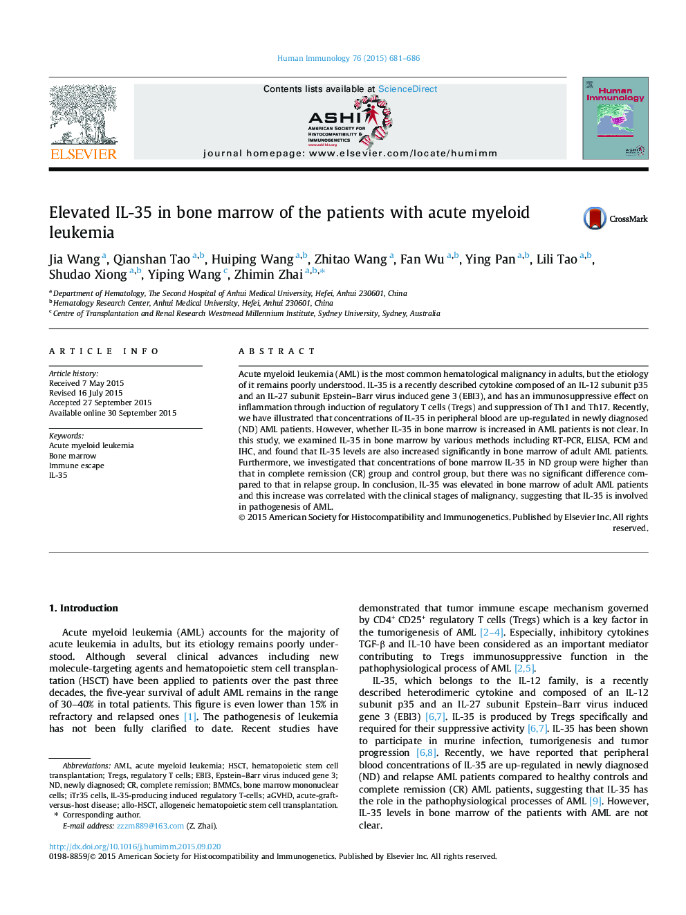 Elevated IL-35 in bone marrow of the patients with acute myeloid leukemia