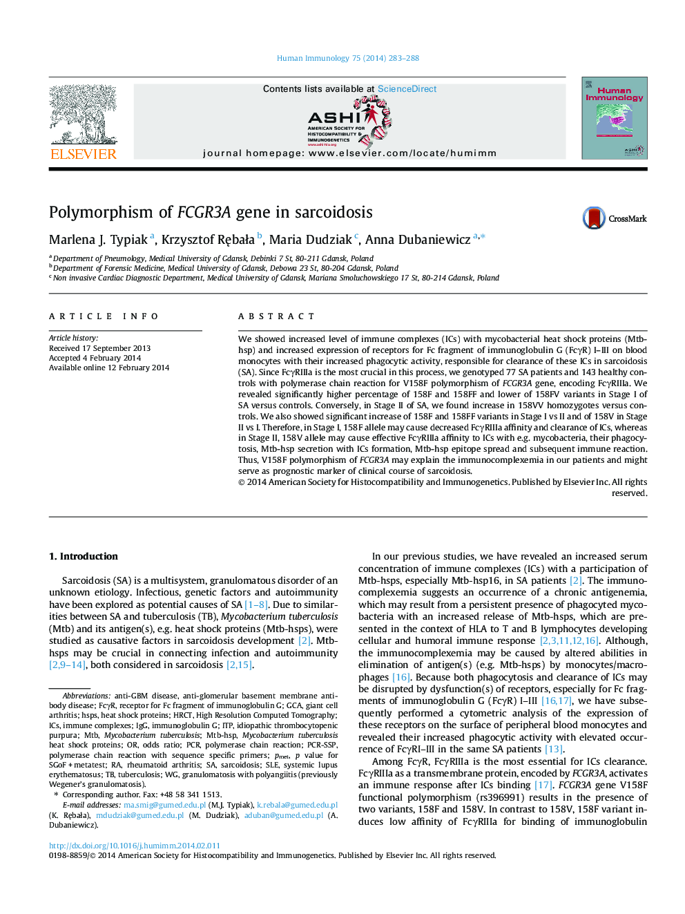 Polymorphism of FCGR3A gene in sarcoidosis