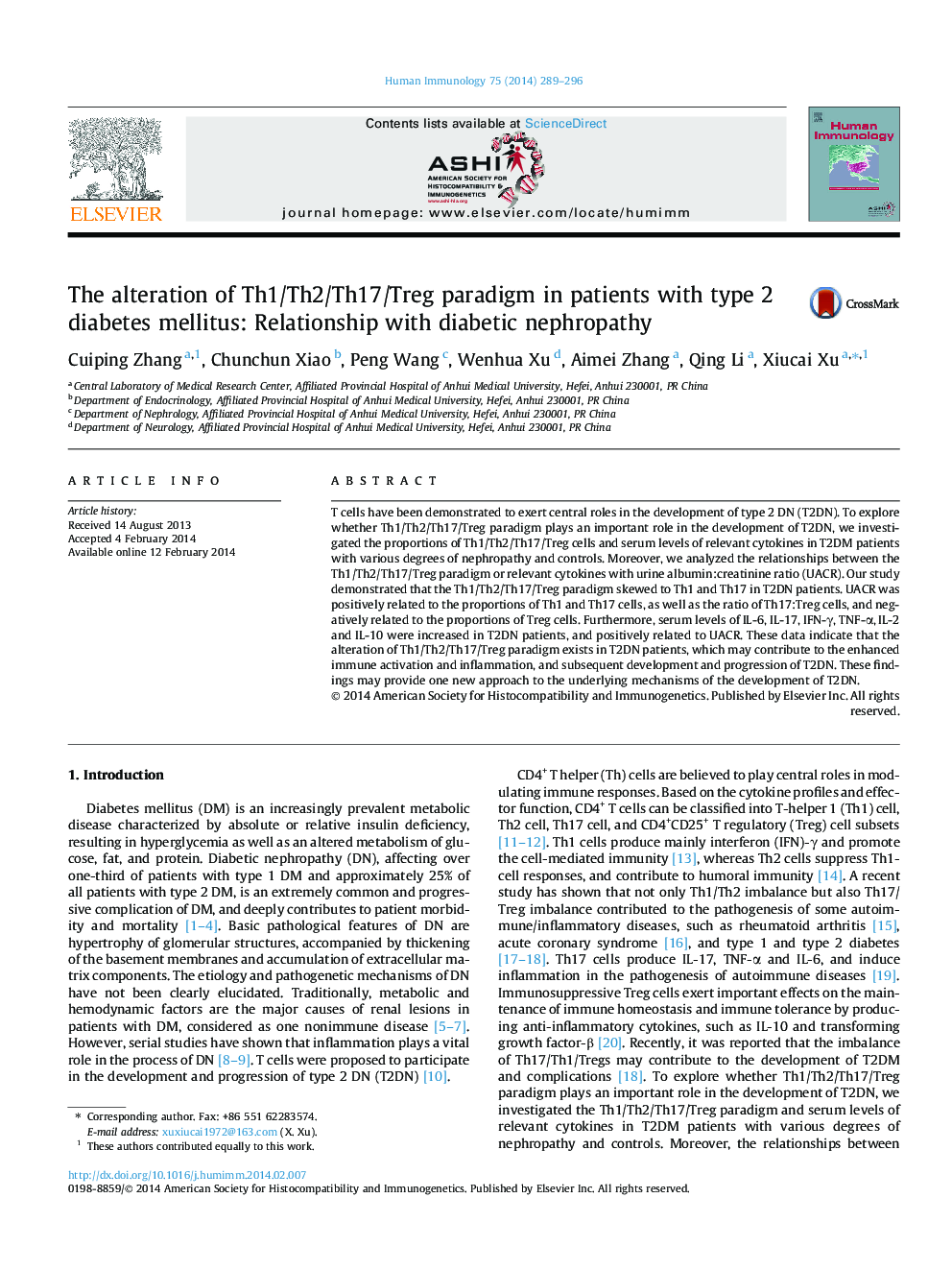 The alteration of Th1/Th2/Th17/Treg paradigm in patients with type 2 diabetes mellitus: Relationship with diabetic nephropathy