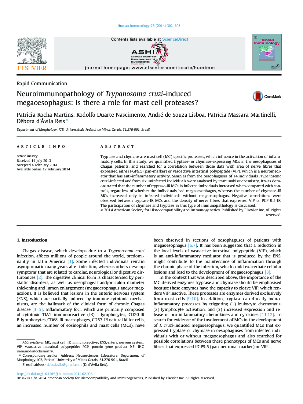 Neuroimmunopathology of Trypanosoma cruzi-induced megaoesophagus: Is there a role for mast cell proteases?