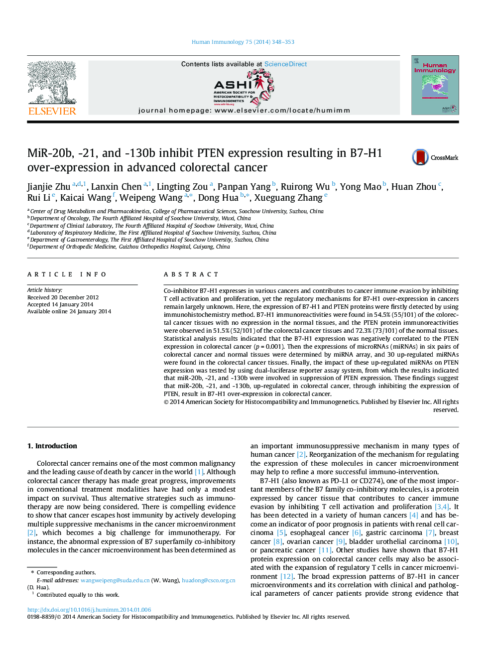 MiR-20b, -21, and -130b inhibit PTEN expression resulting in B7-H1 over-expression in advanced colorectal cancer