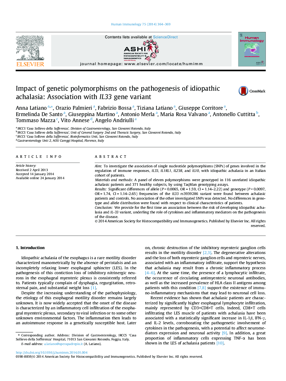 Impact of genetic polymorphisms on the pathogenesis of idiopathic achalasia: Association with IL33 gene variant