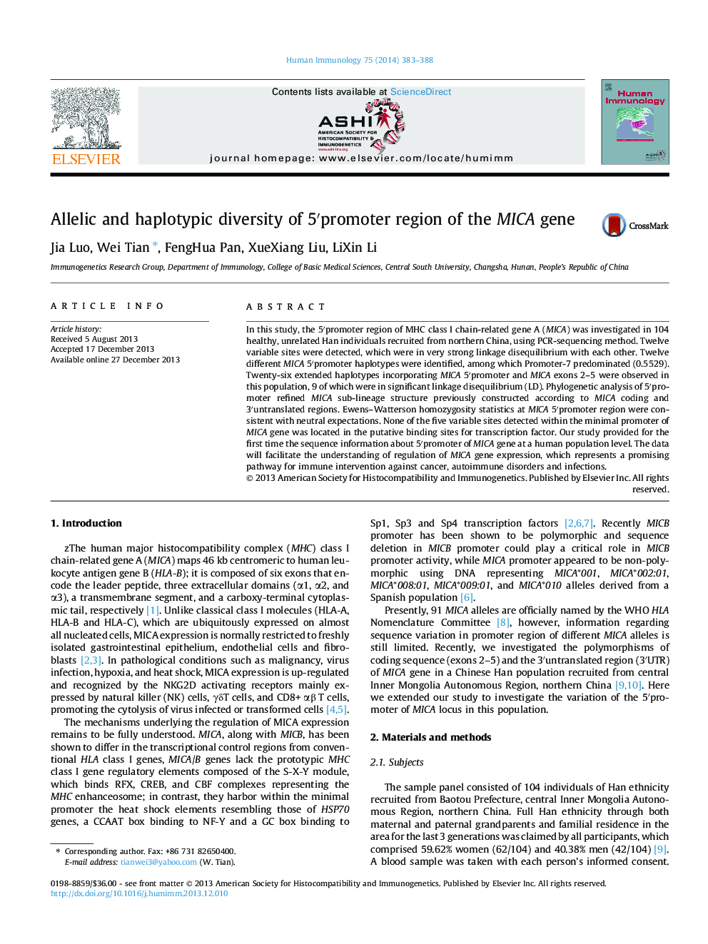 Allelic and haplotypic diversity of 5′promoter region of the MICA gene