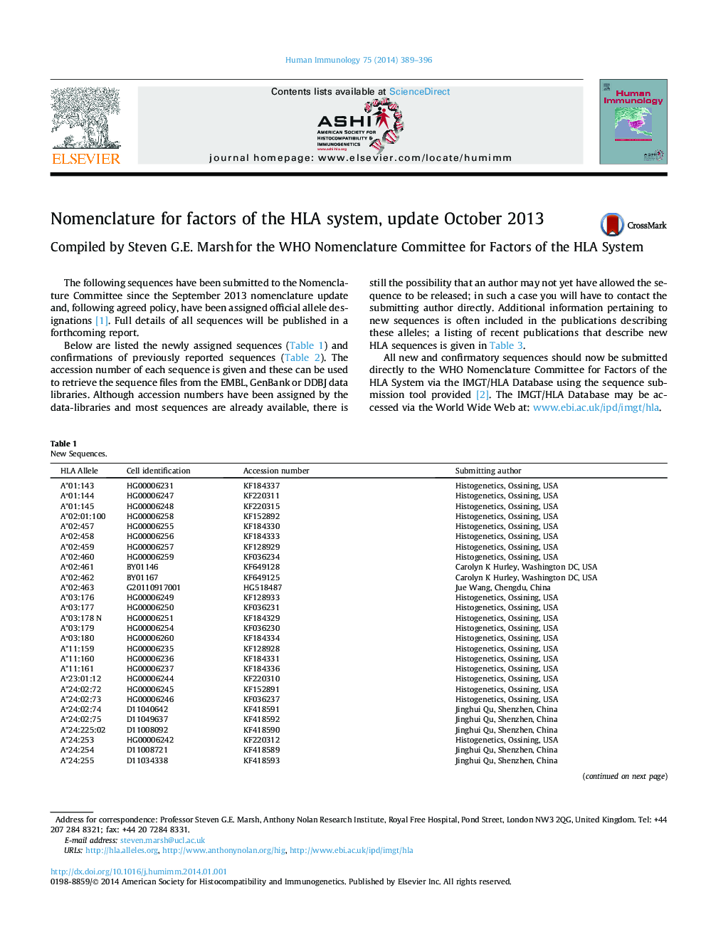 Nomenclature for factors of the HLA system, update October 2013