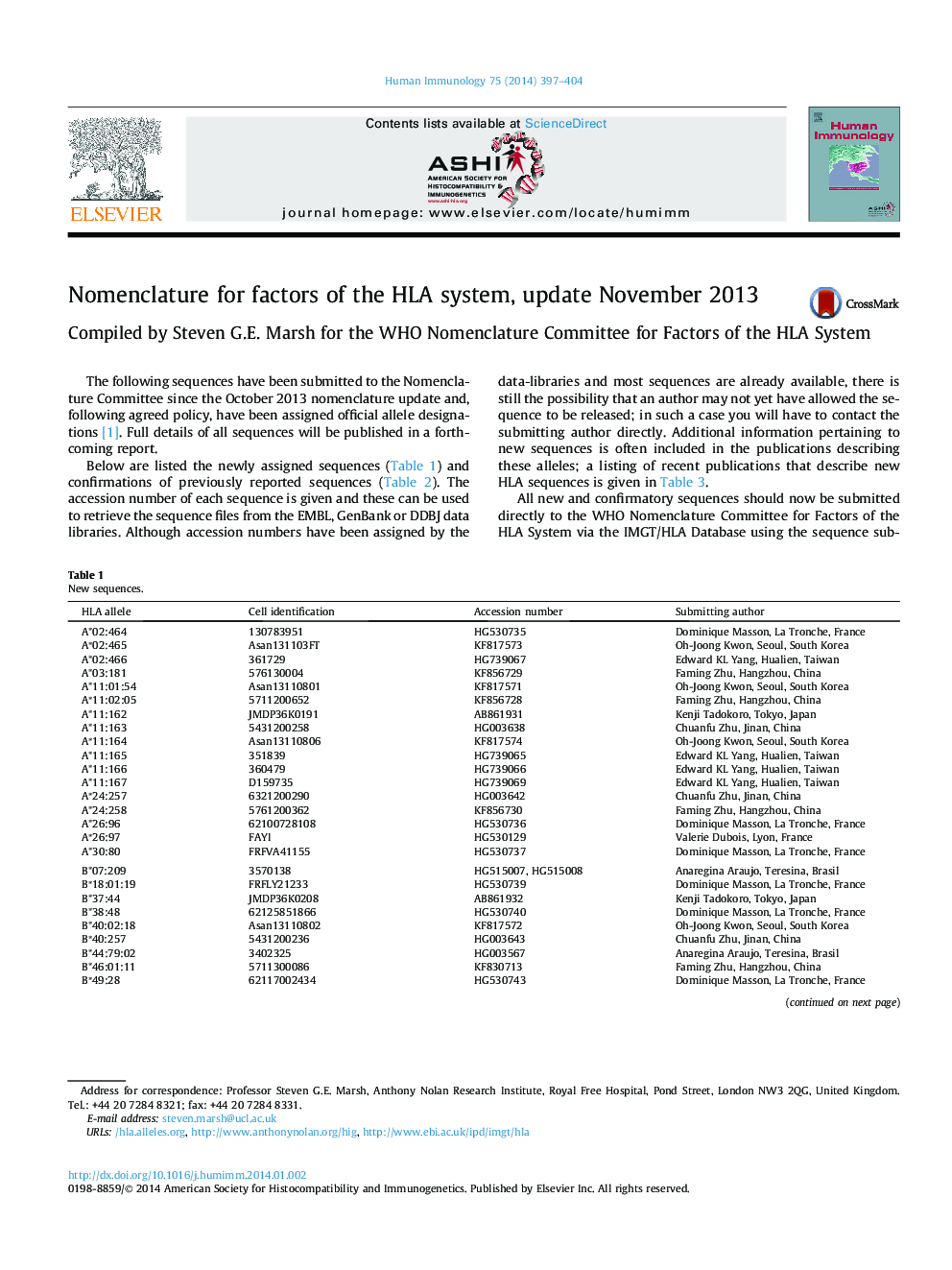 Nomenclature for factors of the HLA system, update November 2013