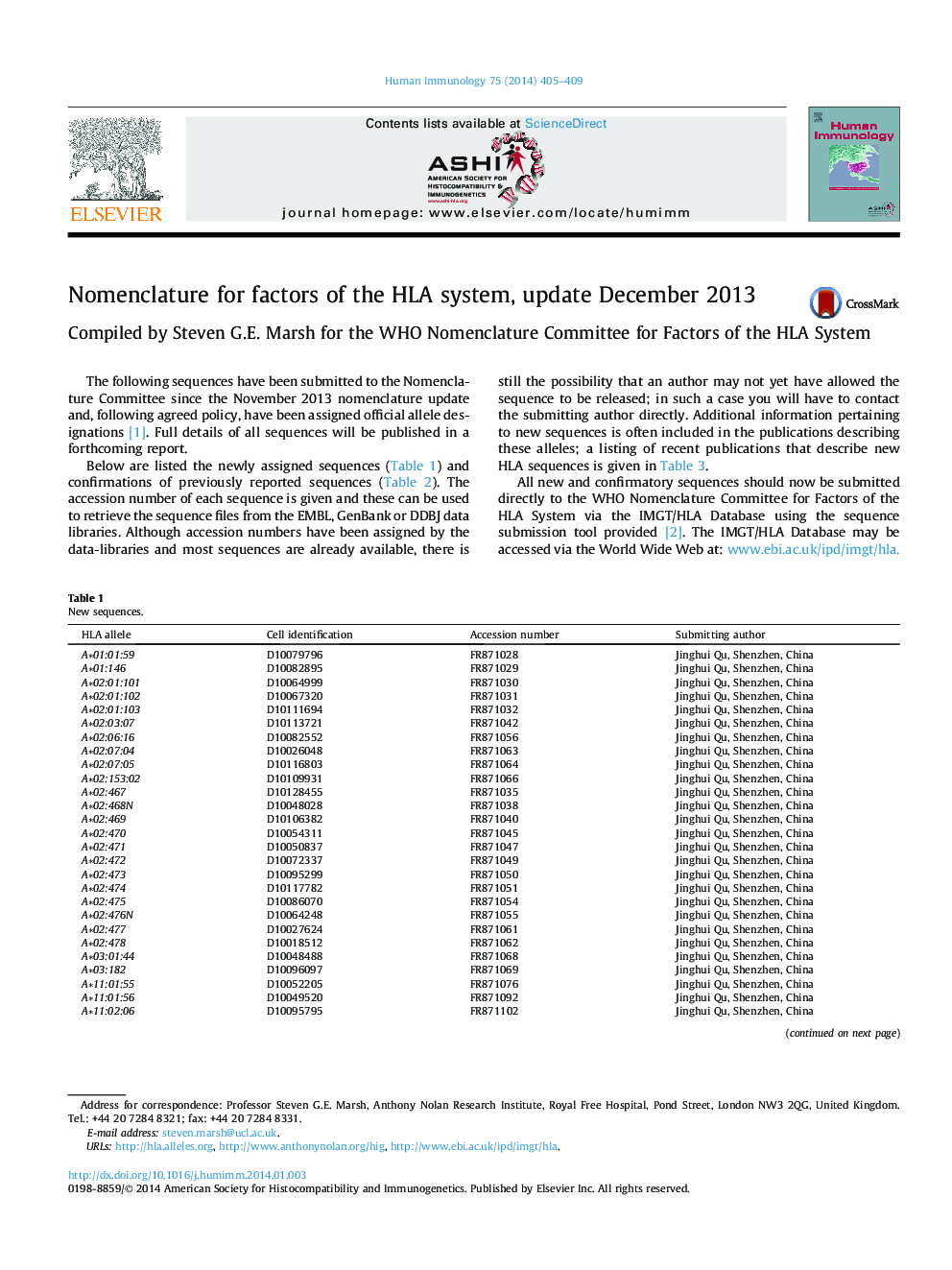 Nomenclature for factors of the HLA system, update December 2013