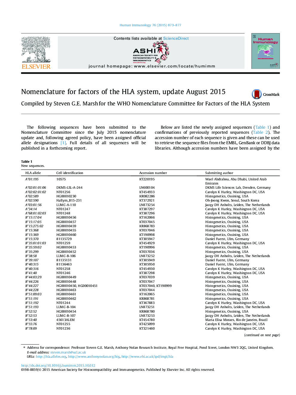 Nomenclature for factors of the HLA system, update August 2015