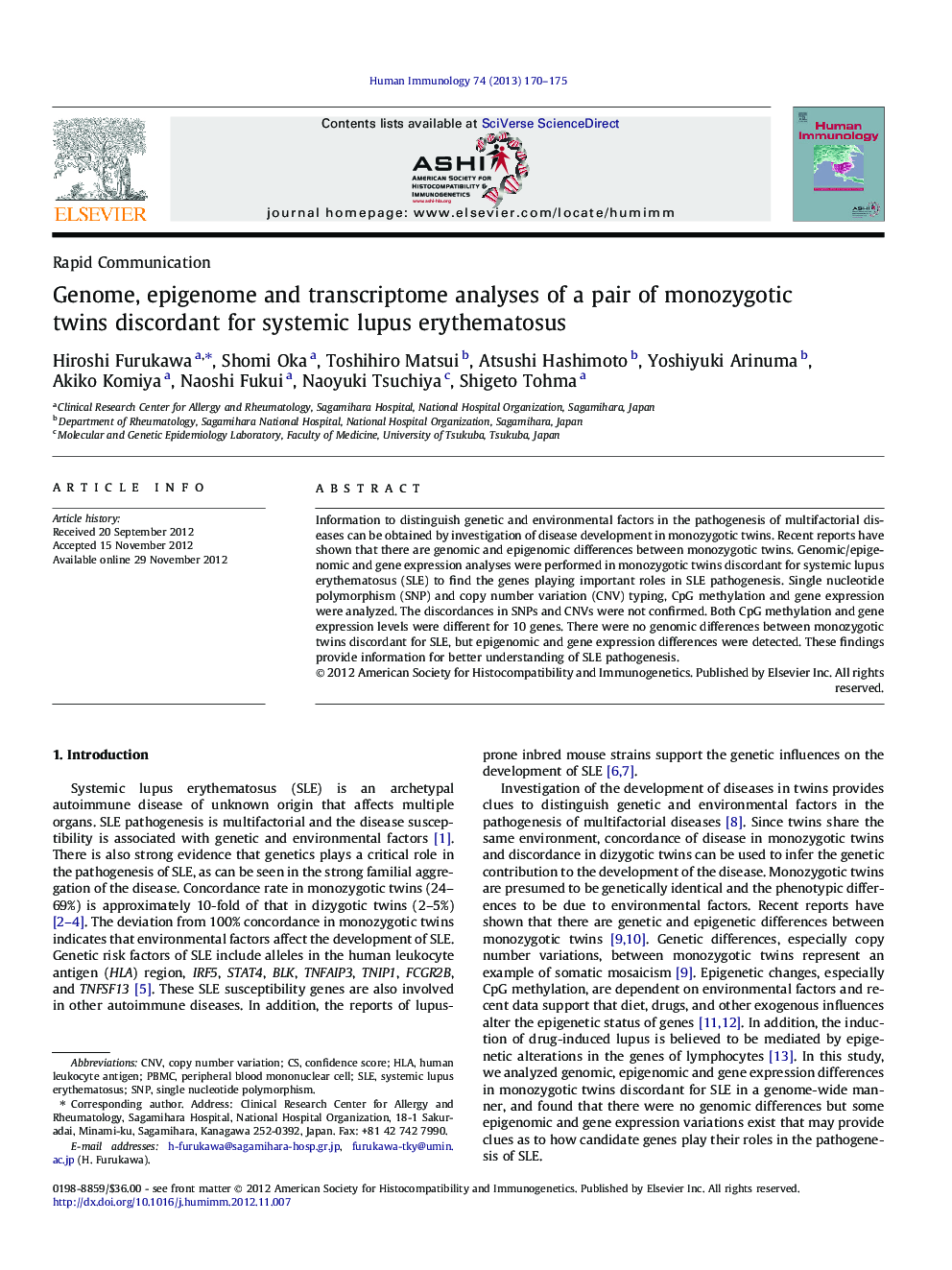 Genome, epigenome and transcriptome analyses of a pair of monozygotic twins discordant for systemic lupus erythematosus