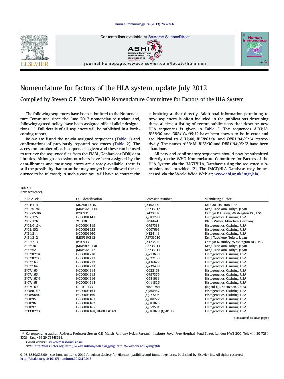 Nomenclature for factors of the HLA system, update July 2012