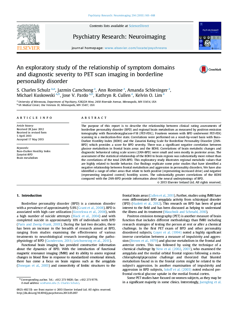 An exploratory study of the relationship of symptom domains and diagnostic severity to PET scan imaging in borderline personality disorder