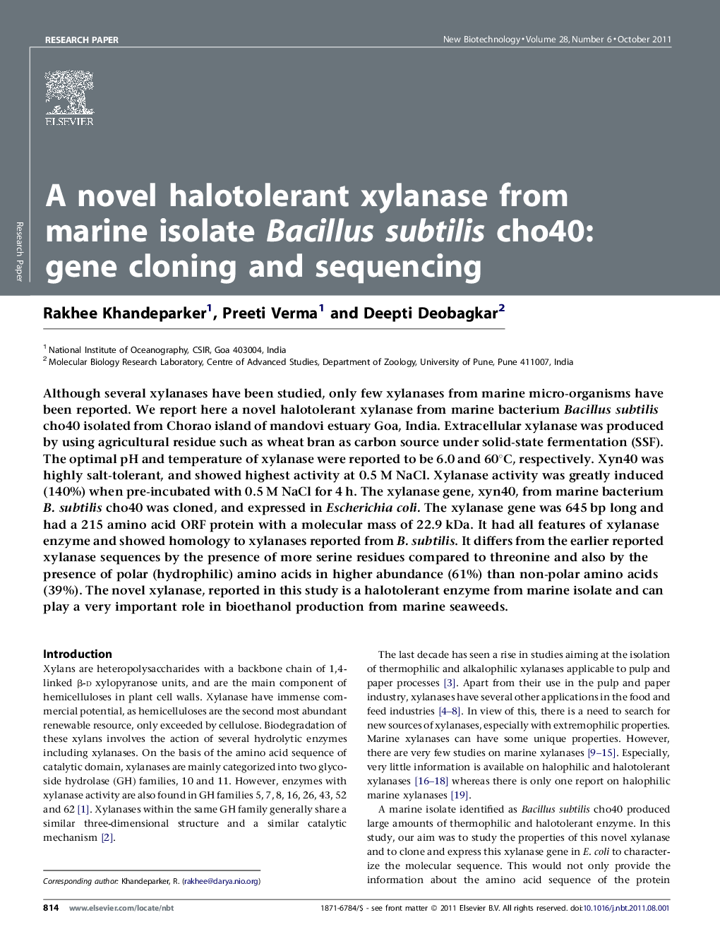 A novel halotolerant xylanase from marine isolate Bacillus subtilis cho40: gene cloning and sequencing