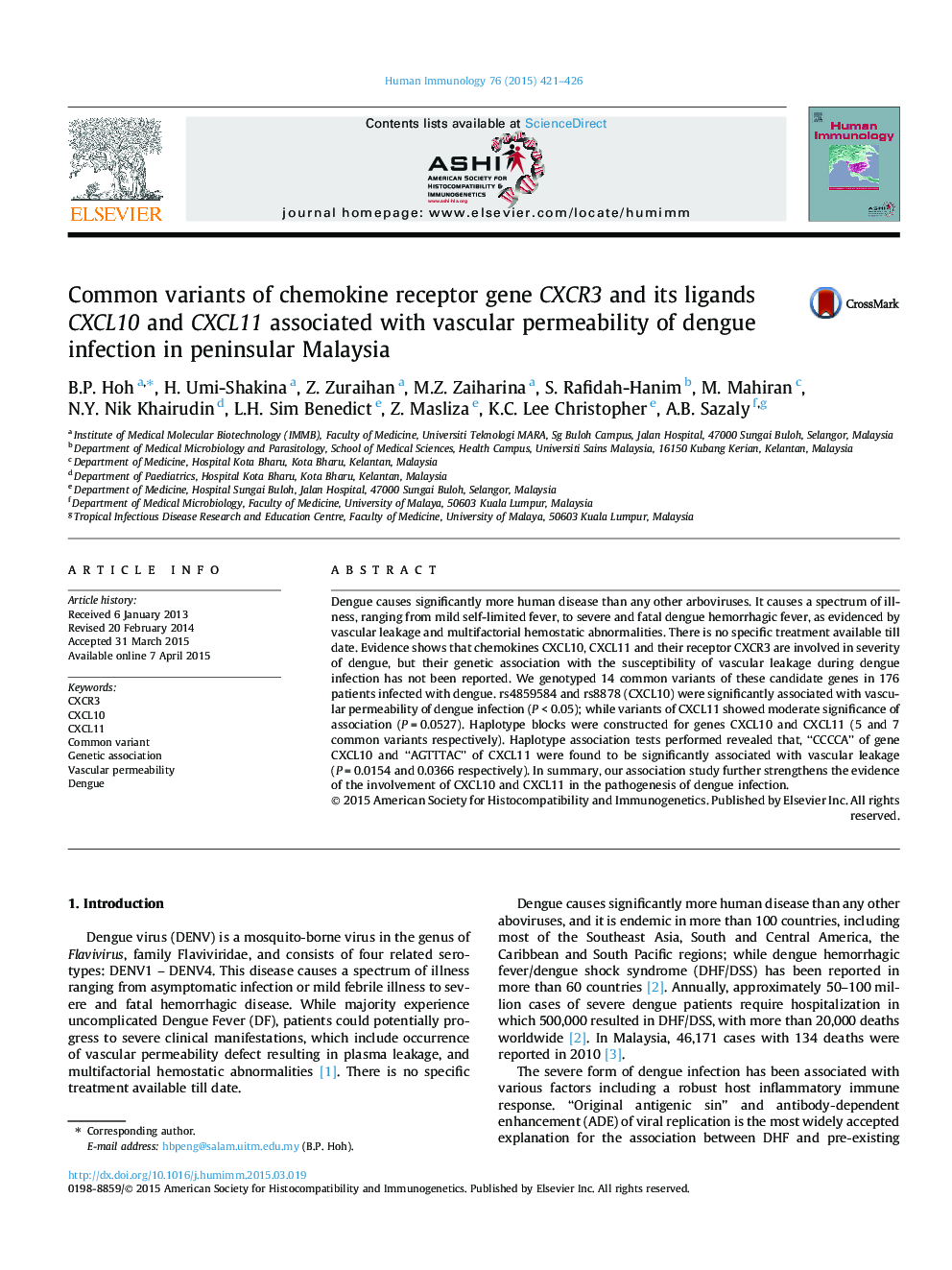 Common variants of chemokine receptor gene CXCR3 and its ligands CXCL10 and CXCL11 associated with vascular permeability of dengue infection in peninsular Malaysia