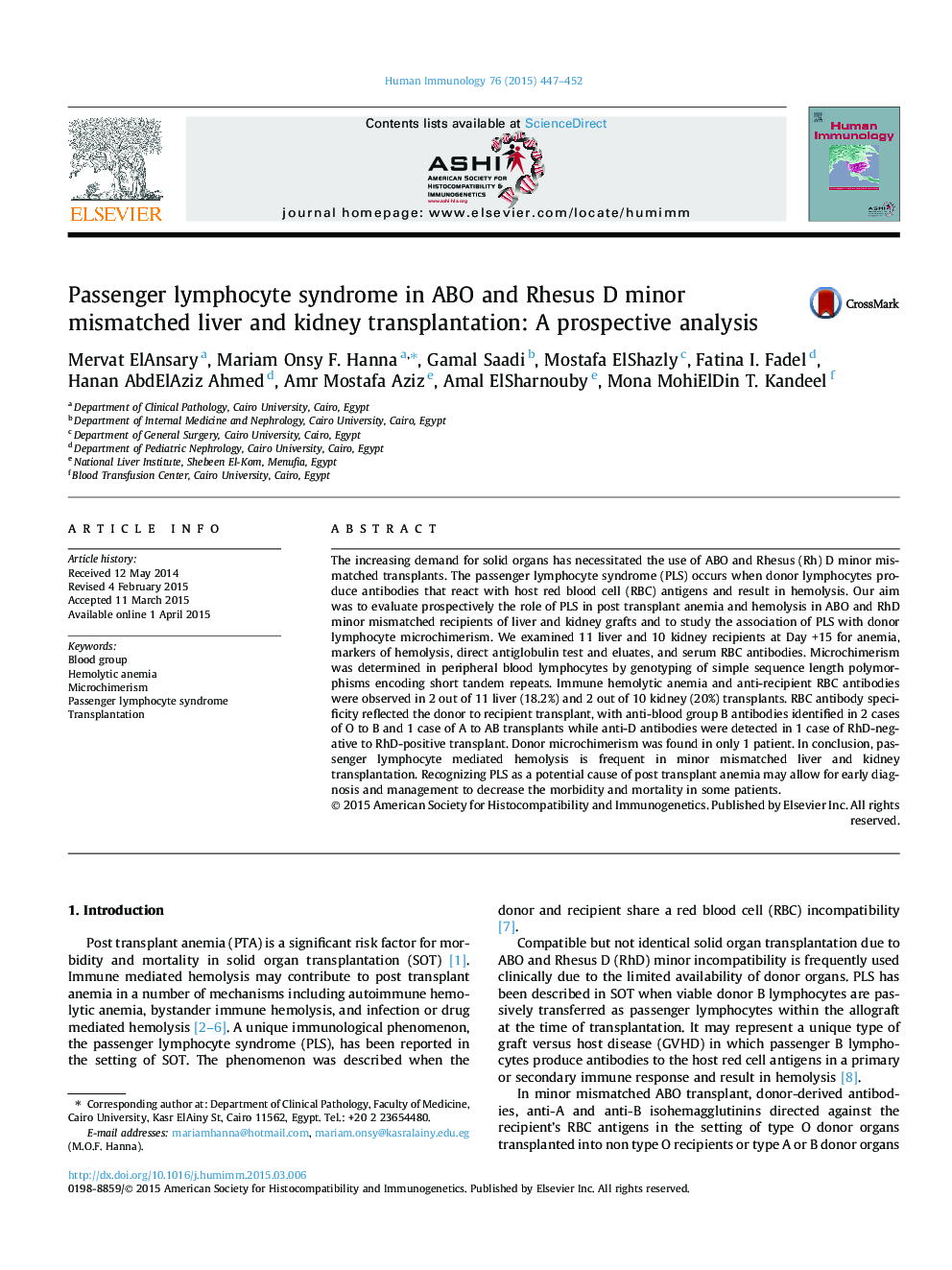 Passenger lymphocyte syndrome in ABO and Rhesus D minor mismatched liver and kidney transplantation: A prospective analysis