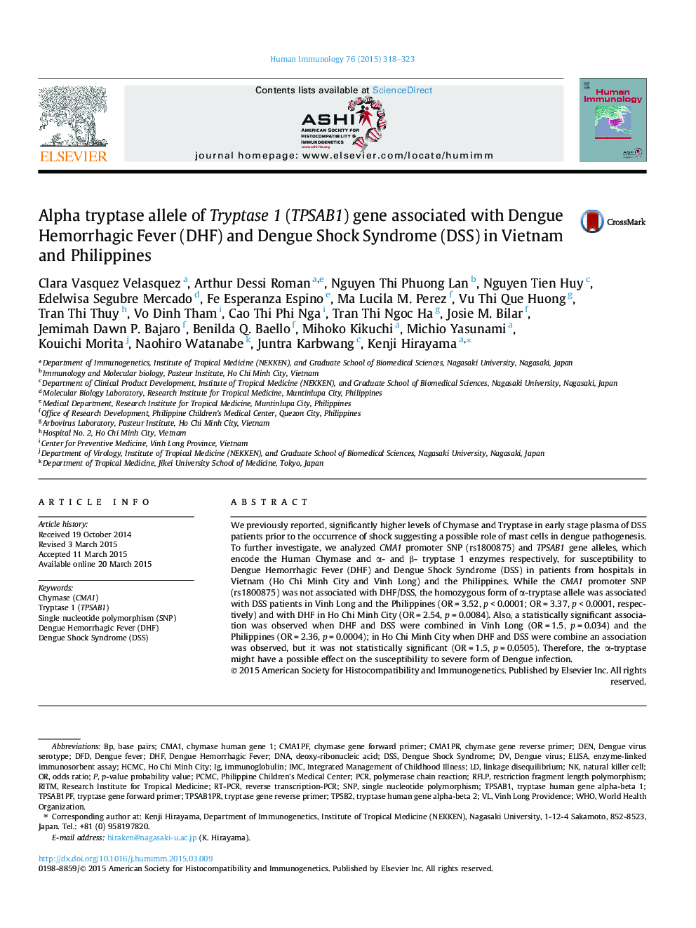 Alpha tryptase allele of Tryptase 1 (TPSAB1) gene associated with Dengue Hemorrhagic Fever (DHF) and Dengue Shock Syndrome (DSS) in Vietnam and Philippines