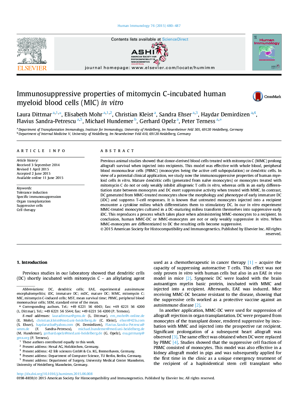 Immunosuppressive properties of mitomycin C-incubated human myeloid blood cells (MIC) in vitro